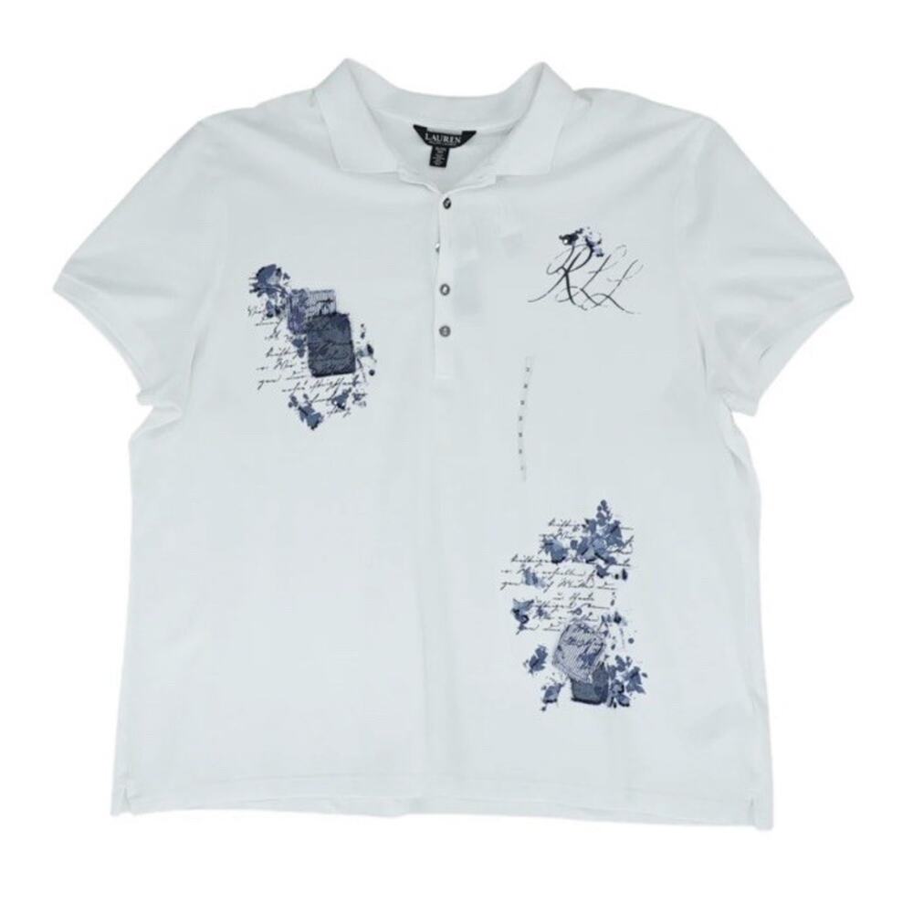Lauren Ralph Lauren Black Label Womens Patchwork Piqué Polo Shirt White 3XL NWT